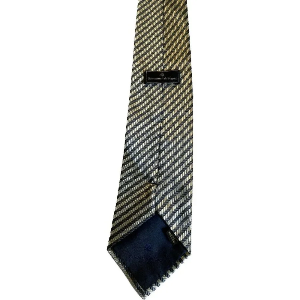 Ermenegildo Zegna  Silk Silver Blue  Tie  58” X 3 & 6/8 Striped - Picture 3 of 15